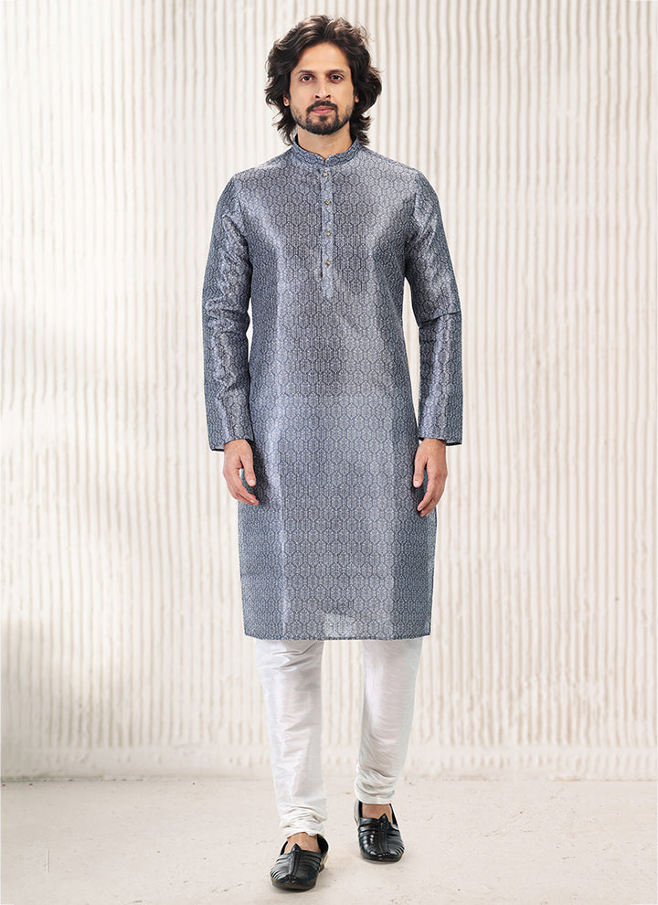 Dark Grey Banarasi Silk Festival Wear Jacquard Kurta Pajama