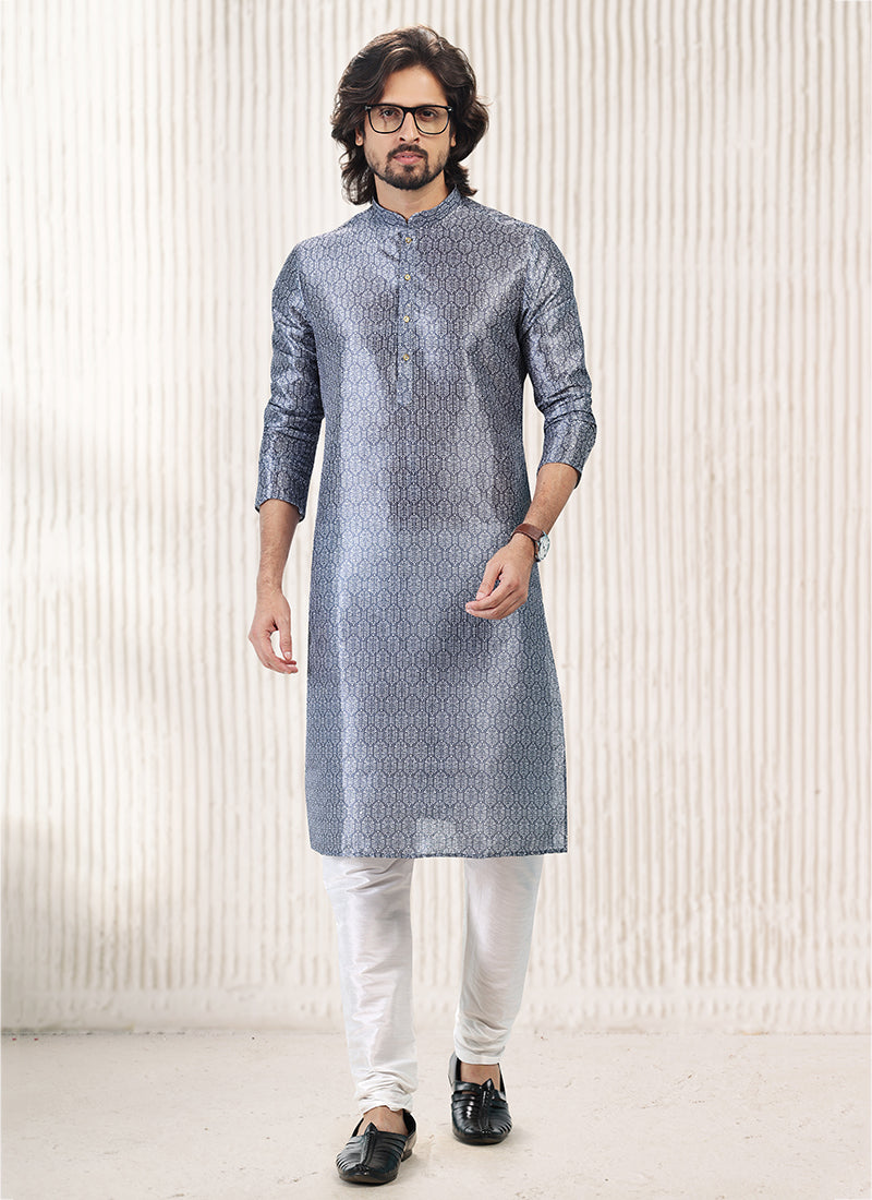 Dark Grey Banarasi Silk Festival Wear Jacquard Kurta Pajama