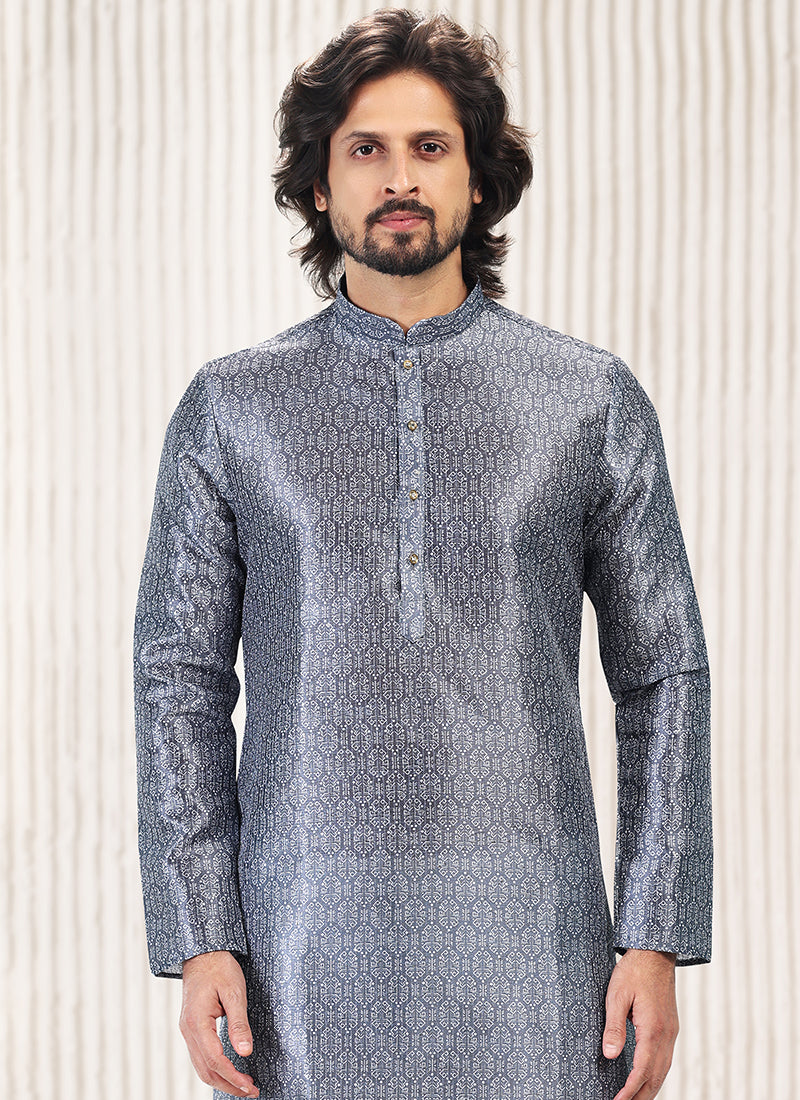 Dark Grey Banarasi Silk Festival Wear Jacquard Kurta Pajama