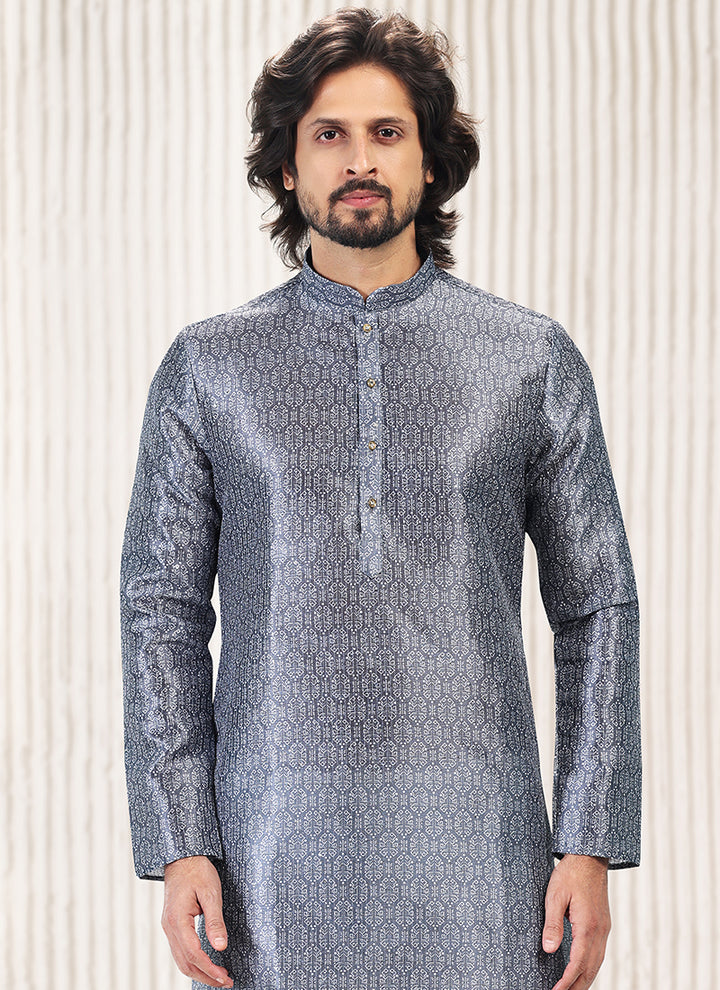 Dark Grey Banarasi Silk Festival Wear Jacquard Kurta Pajama