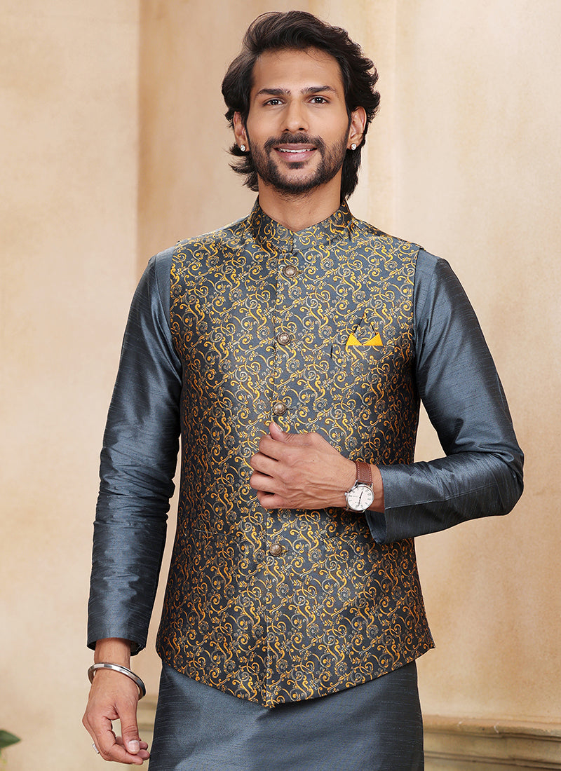 Dark Grey Banarasi Silk Traditional Wear Weaving Kurta Pajama With Jacket