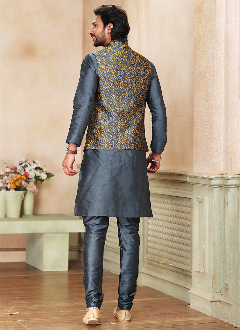 Dark Grey Banarasi Silk Traditional Wear Weaving Kurta Pajama With Jacket