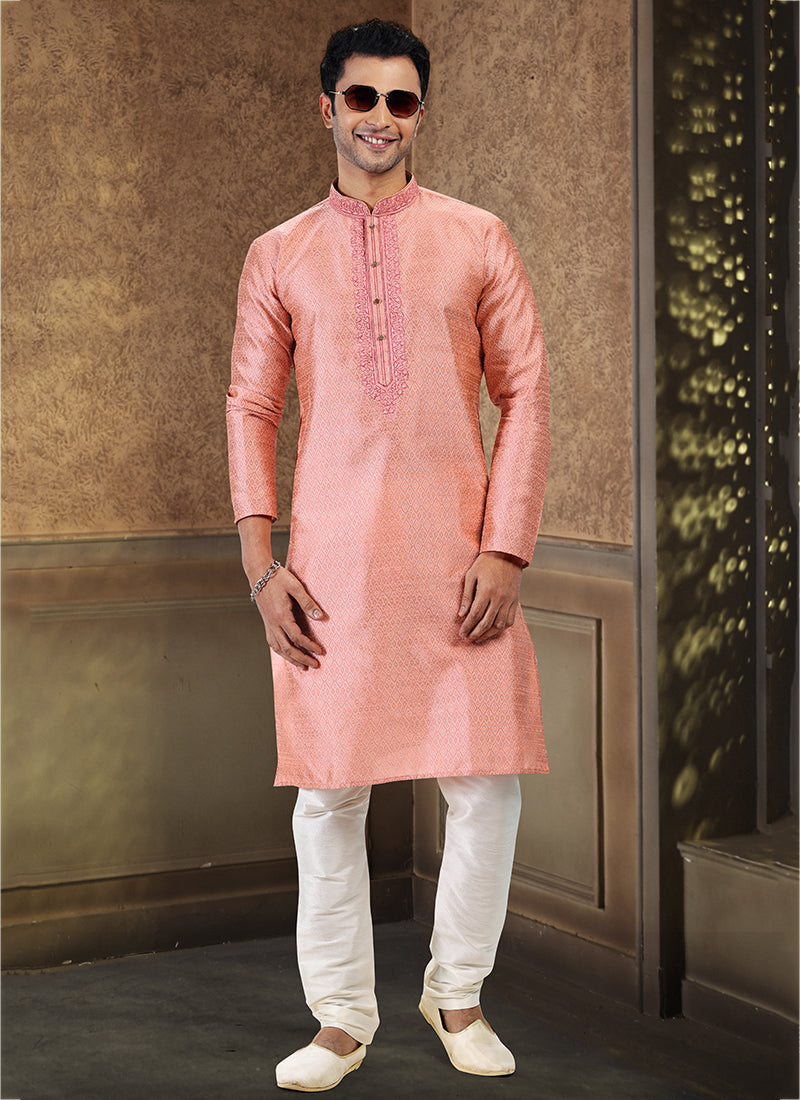 Dark Pink Jacquard Banarasi Silk Festival Wear Thread Work Kurta Pajama