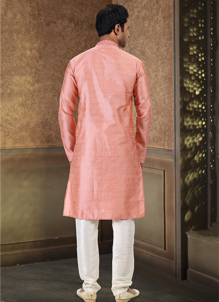Dark Pink Jacquard Banarasi Silk Festival Wear Thread Work Kurta Pajama