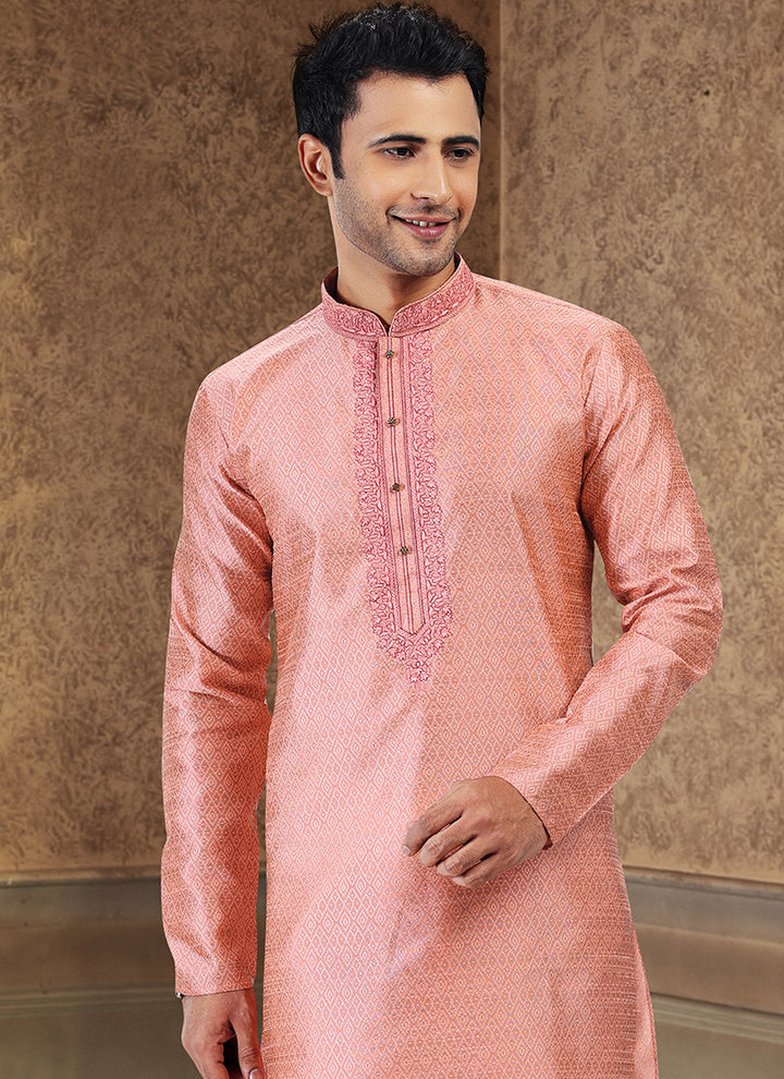 Dark Pink Jacquard Banarasi Silk Festival Wear Thread Work Kurta Pajama