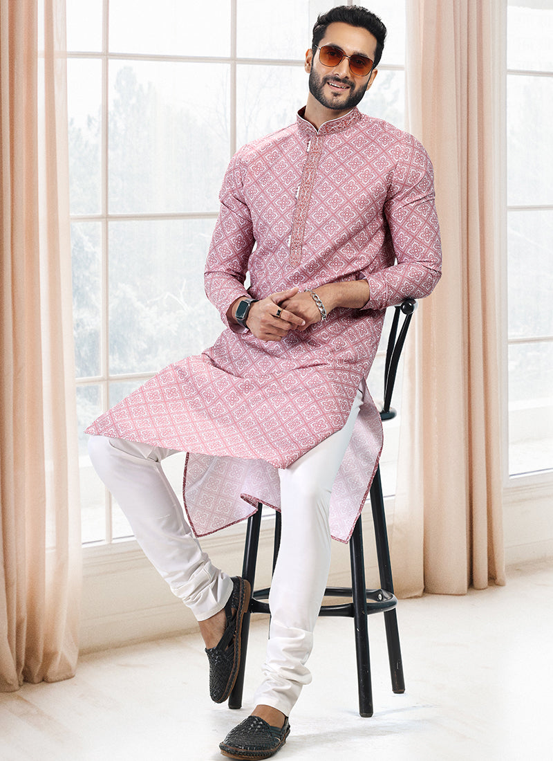 Dark pink Cotton Traditional Wear Thread Work Kurta Pajama