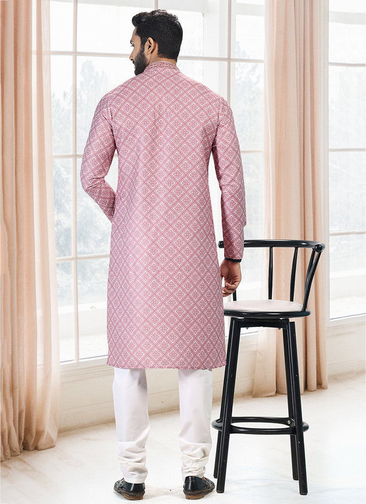 Dark pink Cotton Traditional Wear Thread Work Kurta Pajama