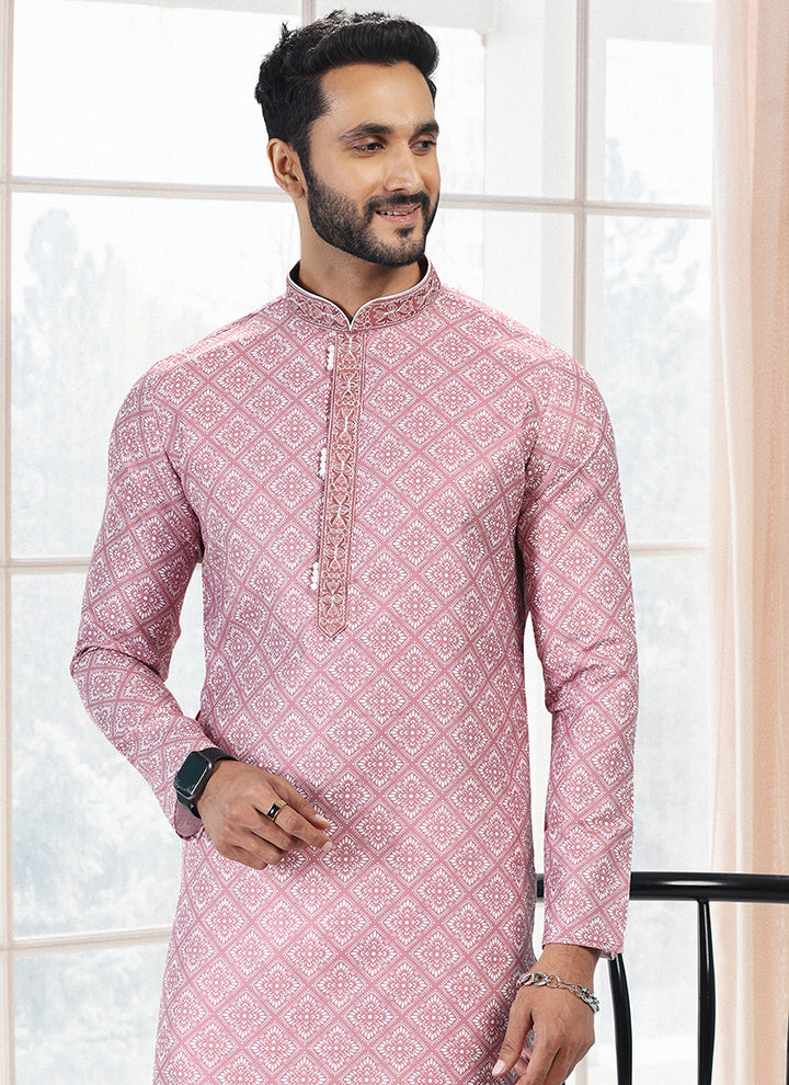 Dark pink Cotton Traditional Wear Thread Work Kurta Pajama