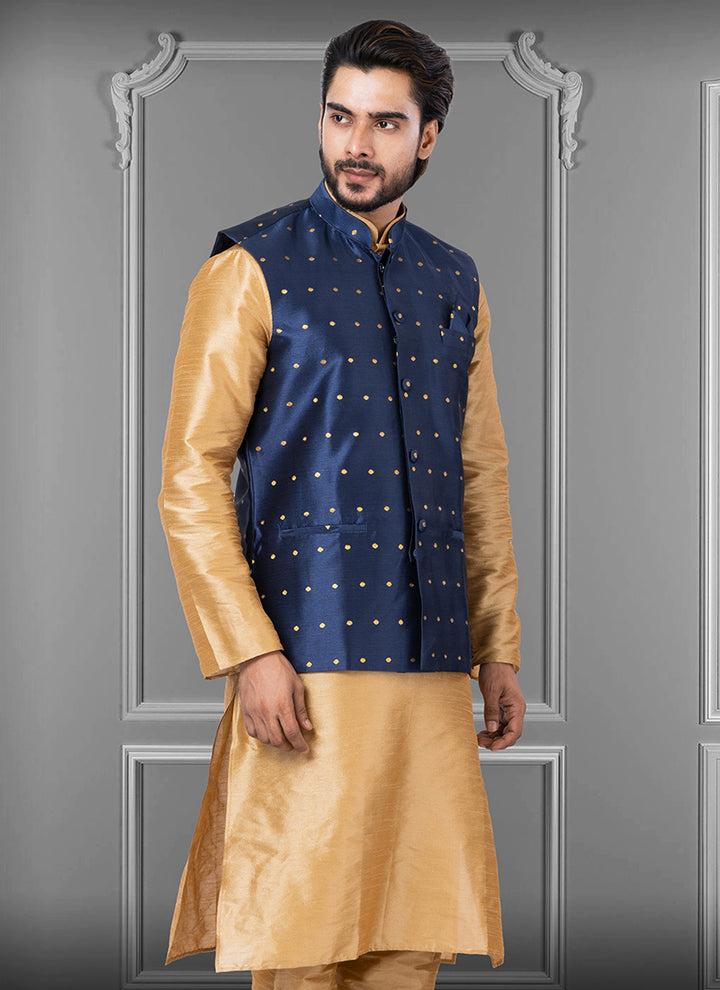 Mulberry Butti Dark Blue Festival Wear Embroidery Work Readymade Men's Waistcoat