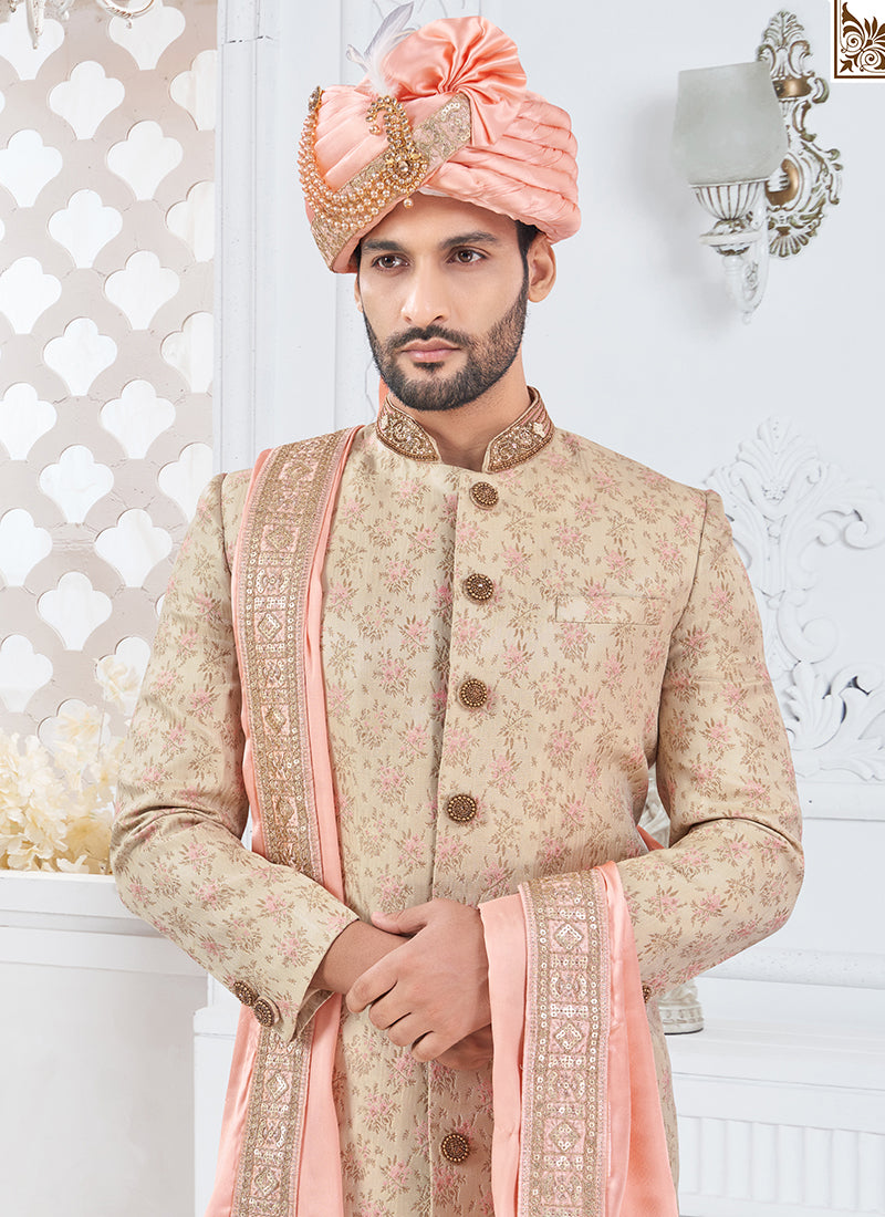 Silk Dark Cream Groom Wear Hand Work Readymade Sherwani With Turban