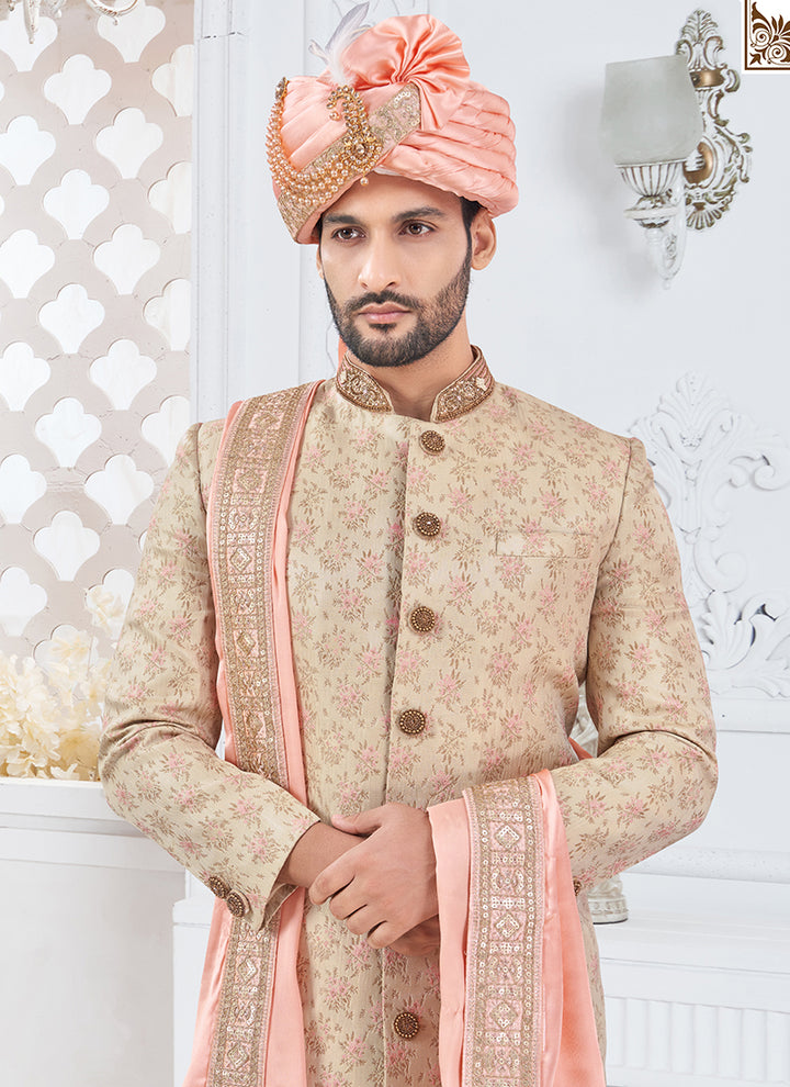 Silk Dark Cream Groom Wear Hand Work Readymade Sherwani With Turban