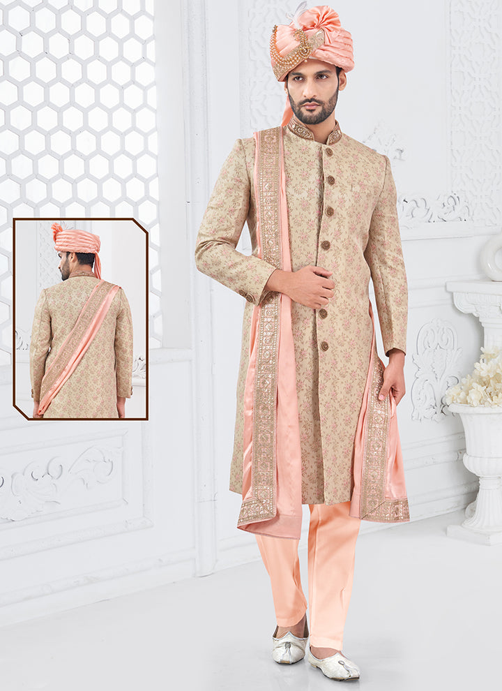 Silk Dark Cream Groom Wear Hand Work Readymade Sherwani With Turban
