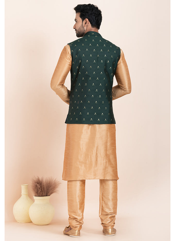 Banarasi Silk Dark Green Festival Wear Jacquard Work Readymade Modi Jacket Kurta Pajama