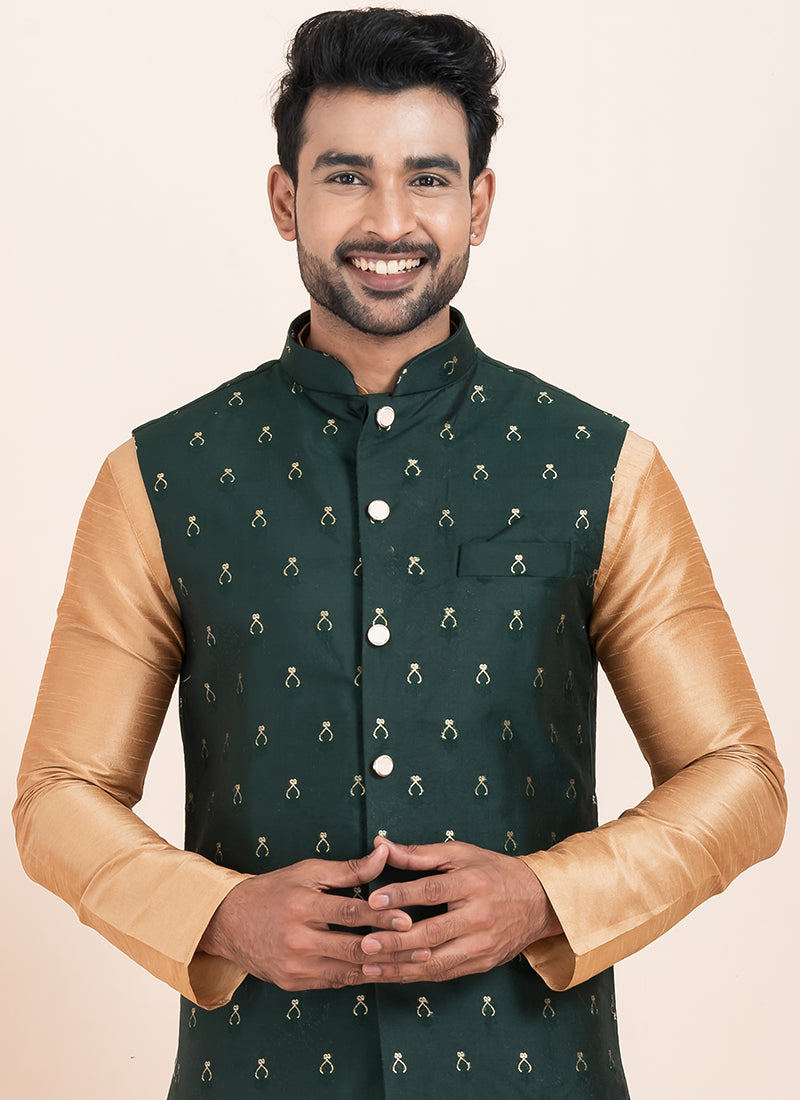 Banarasi Silk Dark Green Festival Wear Jacquard Work Readymade Modi Jacket Kurta Pajama