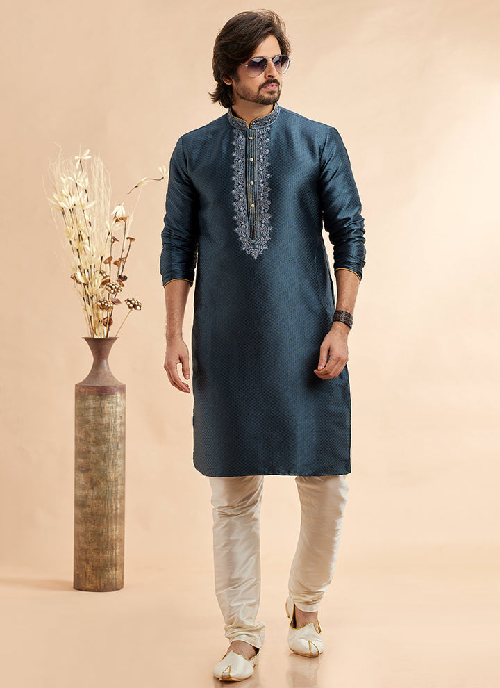 Jacquard Art Silk Dark Grey Festival Wear Machine Work Readymade Kurta Pajama