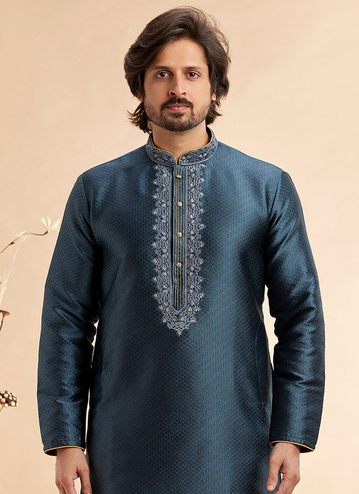 Jacquard Art Silk Dark Grey Festival Wear Machine Work Readymade Kurta Pajama