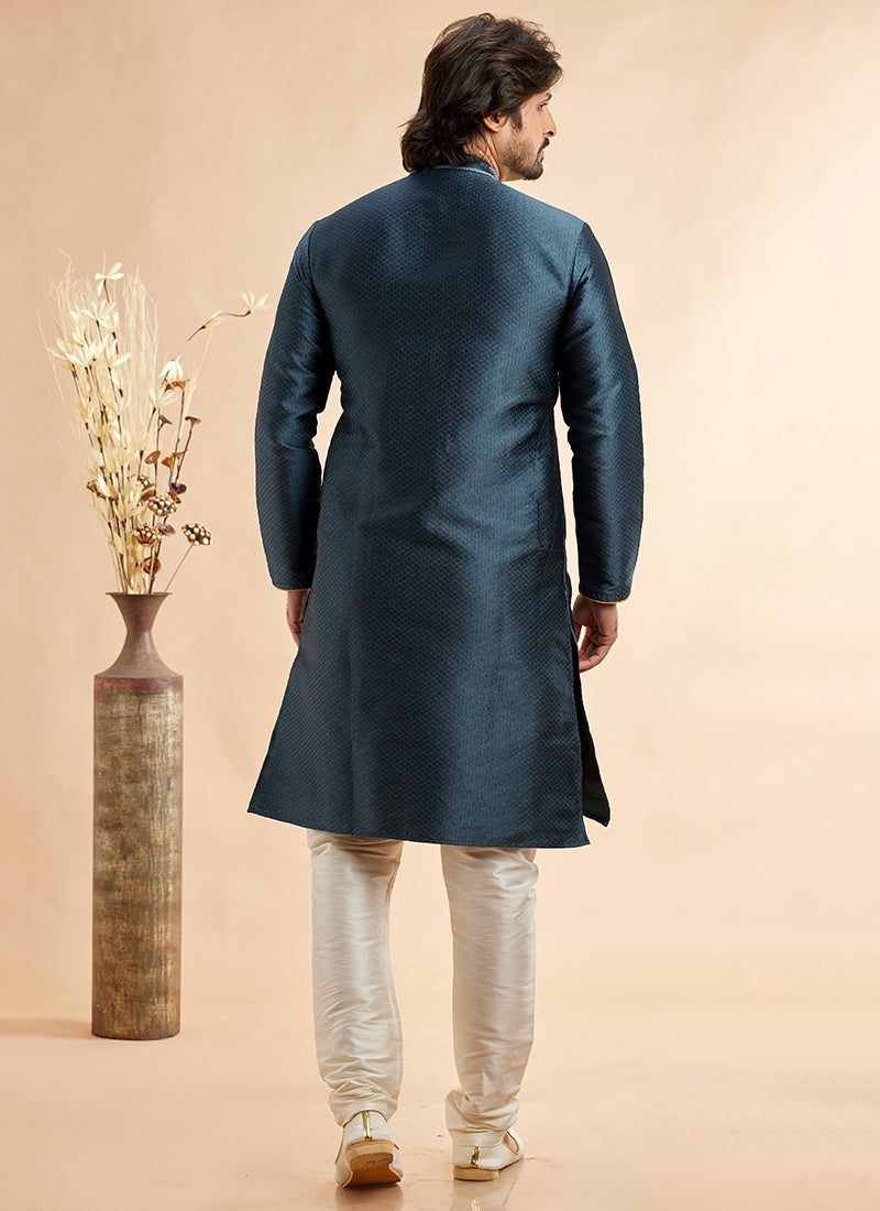 Jacquard Art Silk Dark Grey Festival Wear Machine Work Readymade Kurta Pajama