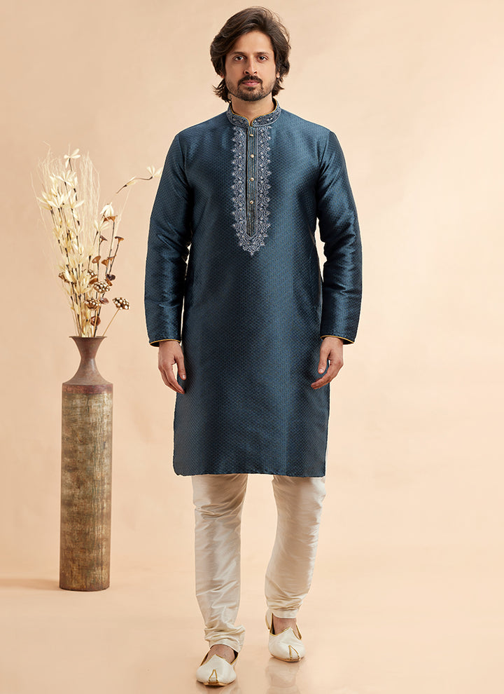 Jacquard Art Silk Dark Grey Festival Wear Machine Work Readymade Kurta Pajama