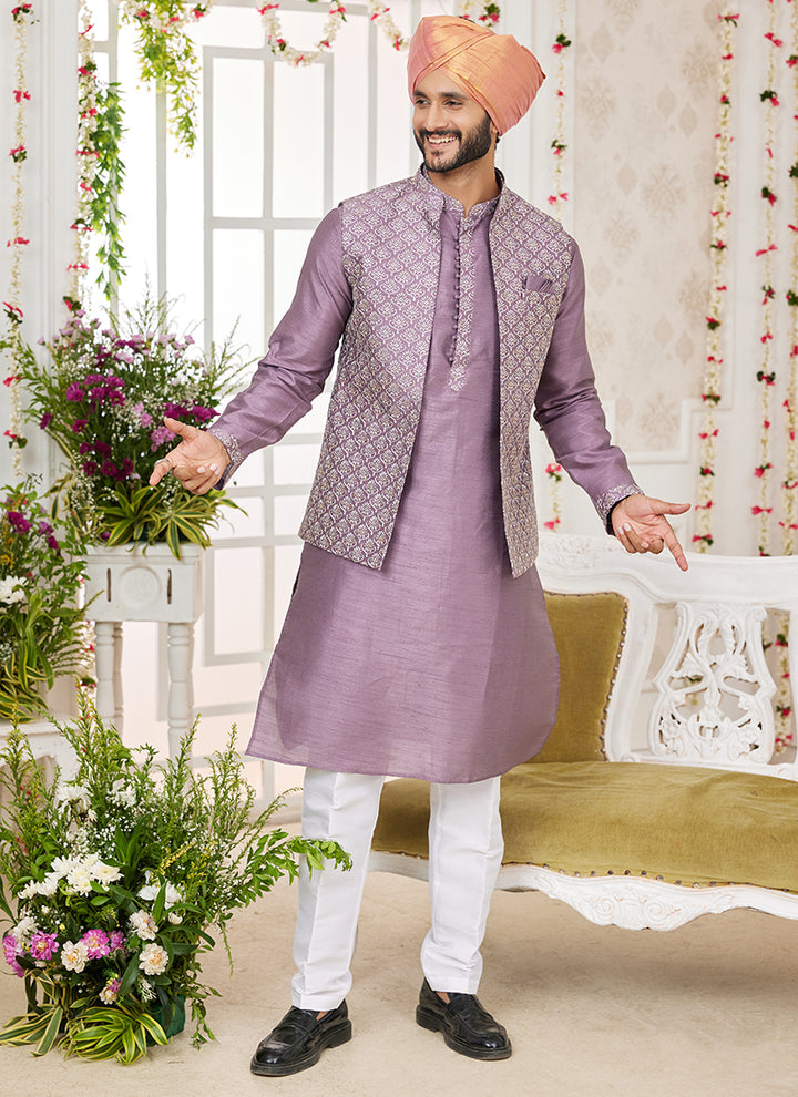 Art Banarasi Silk Dark Onion Wedding Wear Pattern Work Readymade Indo Weartern Sherwani