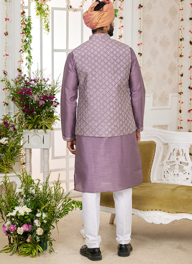 Art Banarasi Silk Dark Onion Wedding Wear Pattern Work Readymade Indo Weartern Sherwani
