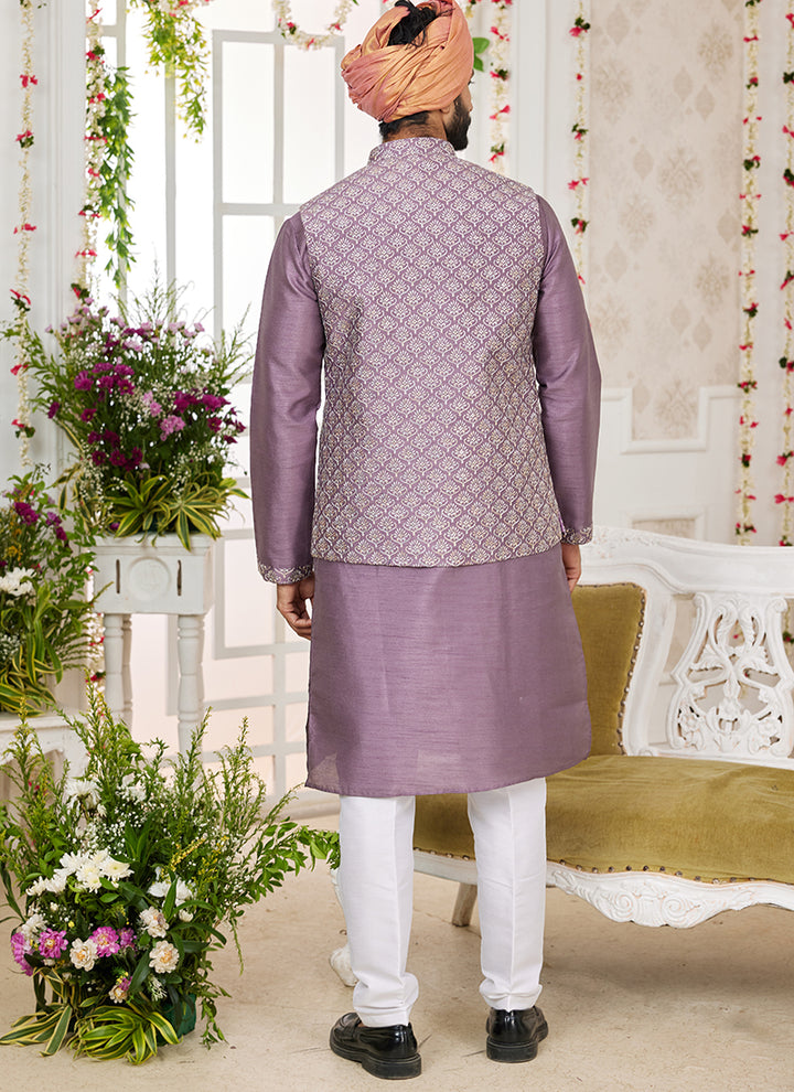 Art Banarasi Silk Dark Onion Wedding Wear Pattern Work Readymade Indo Weartern Sherwani