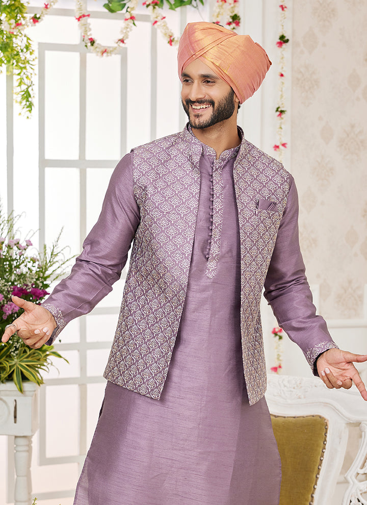 Art Banarasi Silk Dark Onion Wedding Wear Pattern Work Readymade Indo Weartern Sherwani
