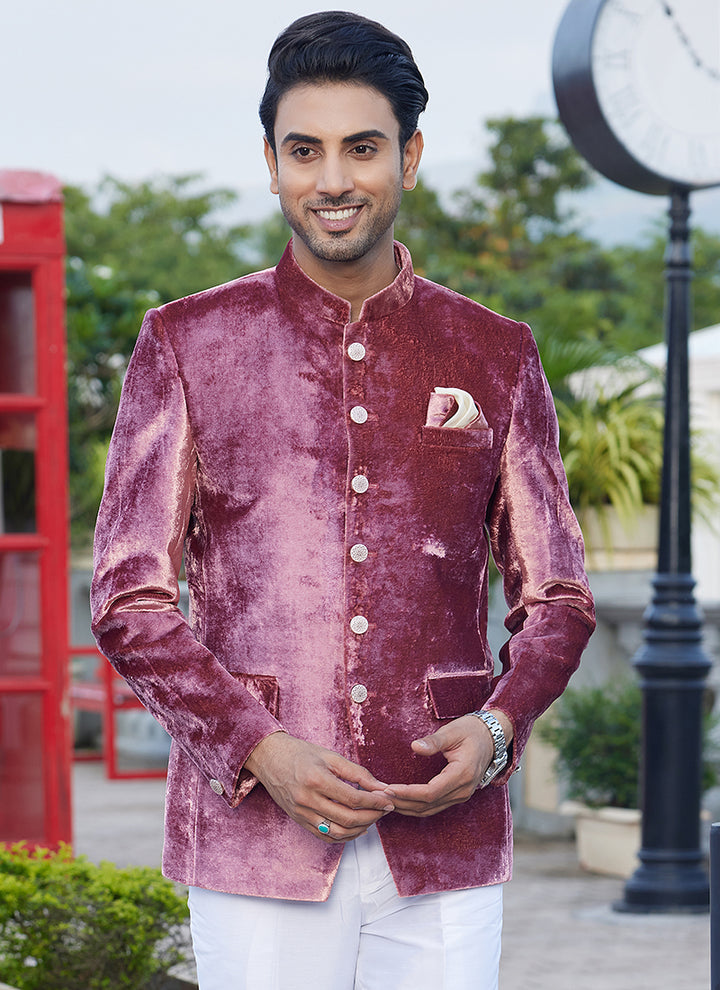 Velvet Dark Onion Party Wear Thread Work Readymade Jodhpuri Suit(Top Only)