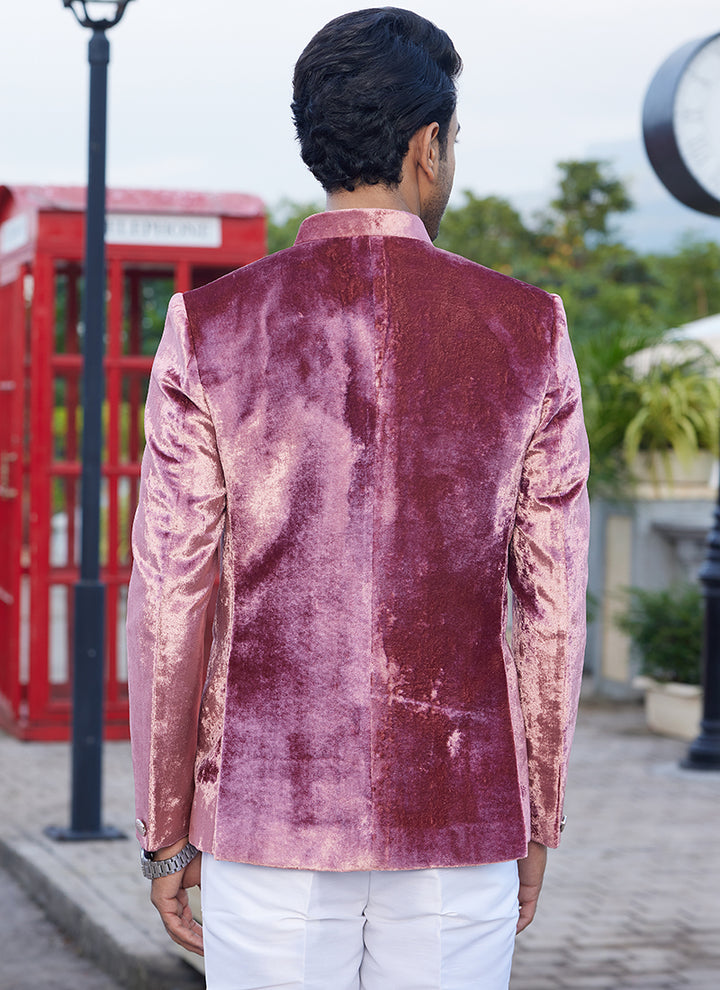 Velvet Dark Onion Party Wear Thread Work Readymade Jodhpuri Suit(Top Only)