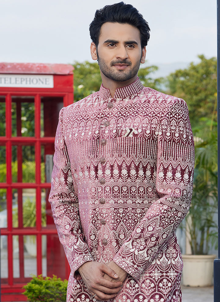 Velvet Dark Onion Wedding Wear Thread Work Readymade Jodhpuri Suit