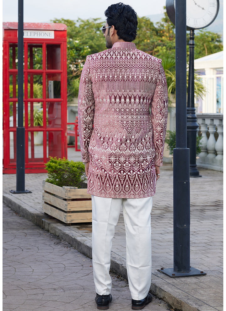 Velvet Dark Onion Wedding Wear Thread Work Readymade Jodhpuri Suit