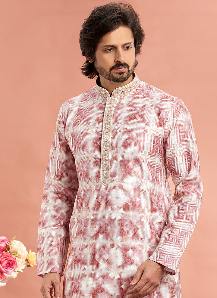 Art Cotton Silk Dark Pink Traditional Wear Thread Work Kurta Pajama