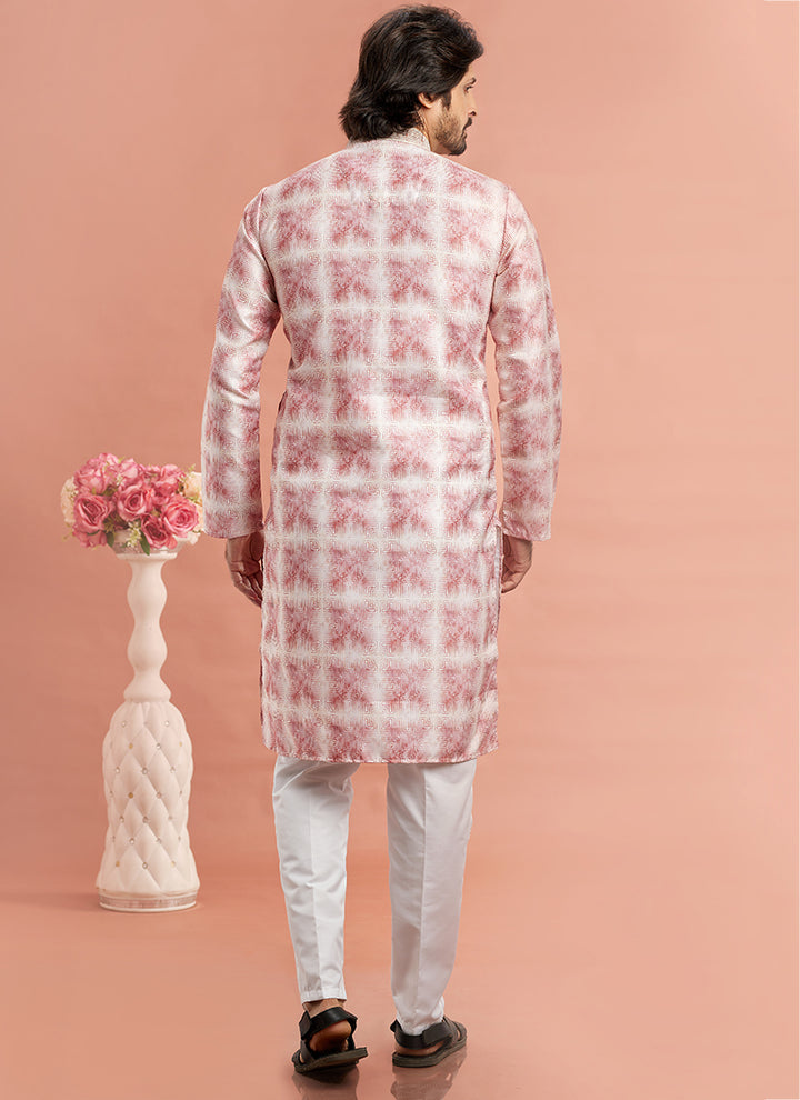 Art Cotton Silk Dark Pink Traditional Wear Thread Work Kurta Pajama
