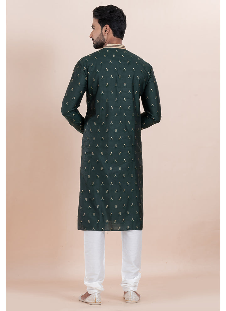 Silk Deep Green Ceremonial Wear Jacquard Work Readymade Kurta Pajama