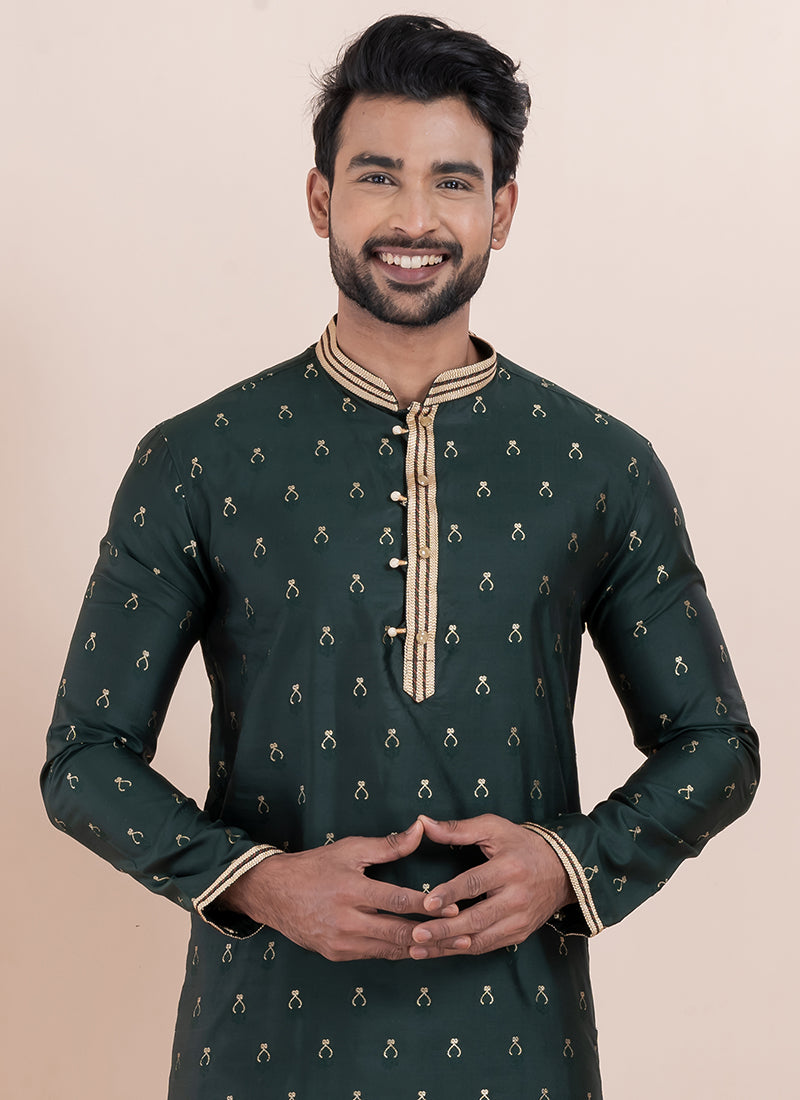 Silk Deep Green Ceremonial Wear Jacquard Work Readymade Kurta Pajama