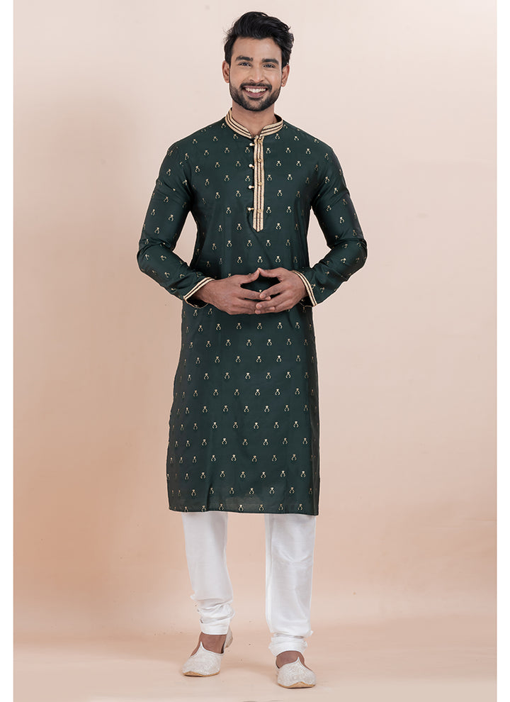 Silk Deep Green Ceremonial Wear Jacquard Work Readymade Kurta Pajama