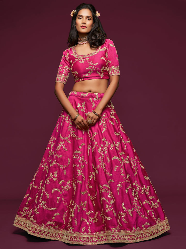 Pink Thread Embroidery Art Silk Wedding Lehenga Choli
