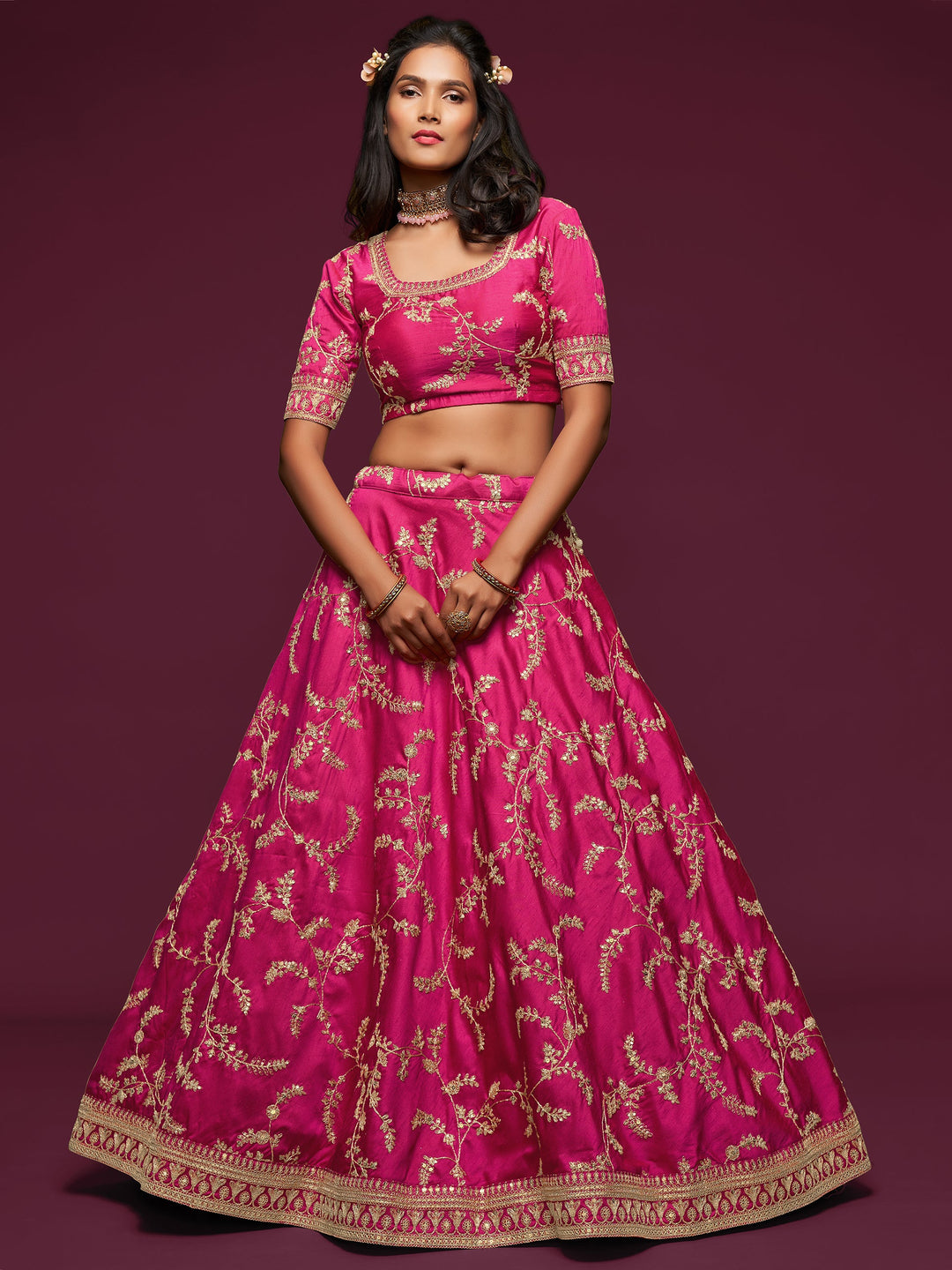 Delightful Pink Thread Embroidery Art Silk Wedding Lehenga Choli