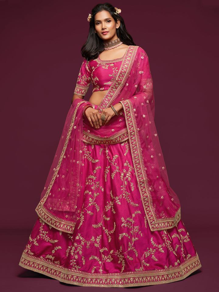 Pink Thread Embroidery Art Silk Wedding Lehenga Choli