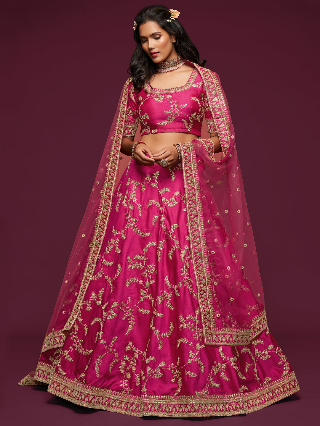 Delightful Pink Thread Embroidery Art Silk Wedding Lehenga Choli
