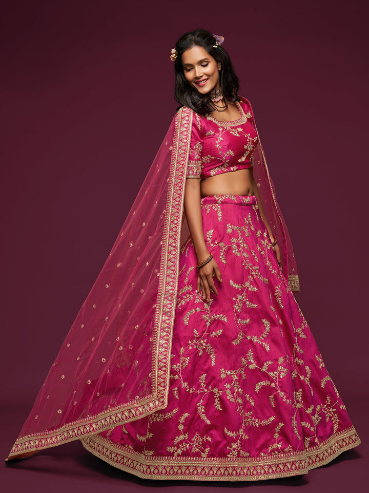 Delightful Pink Thread Embroidery Art Silk Wedding Lehenga Choli