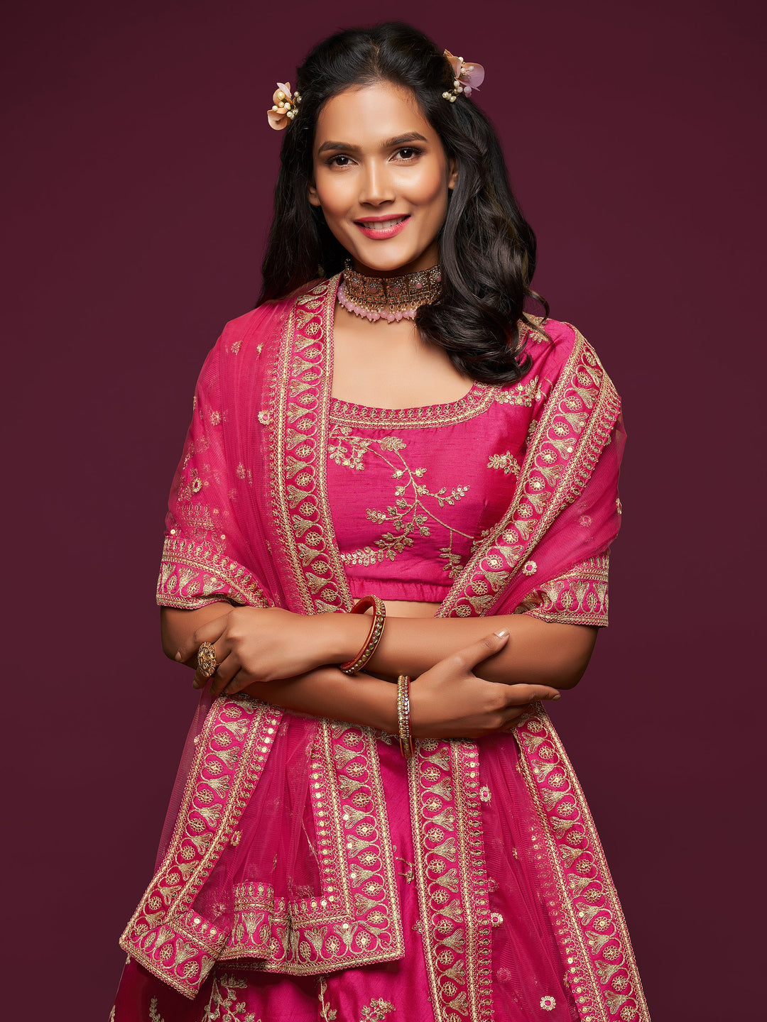 Delightful Pink Thread Embroidery Art Silk Wedding Lehenga Choli