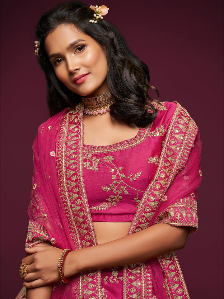 Delightful Pink Thread Embroidery Art Silk Wedding Lehenga Choli