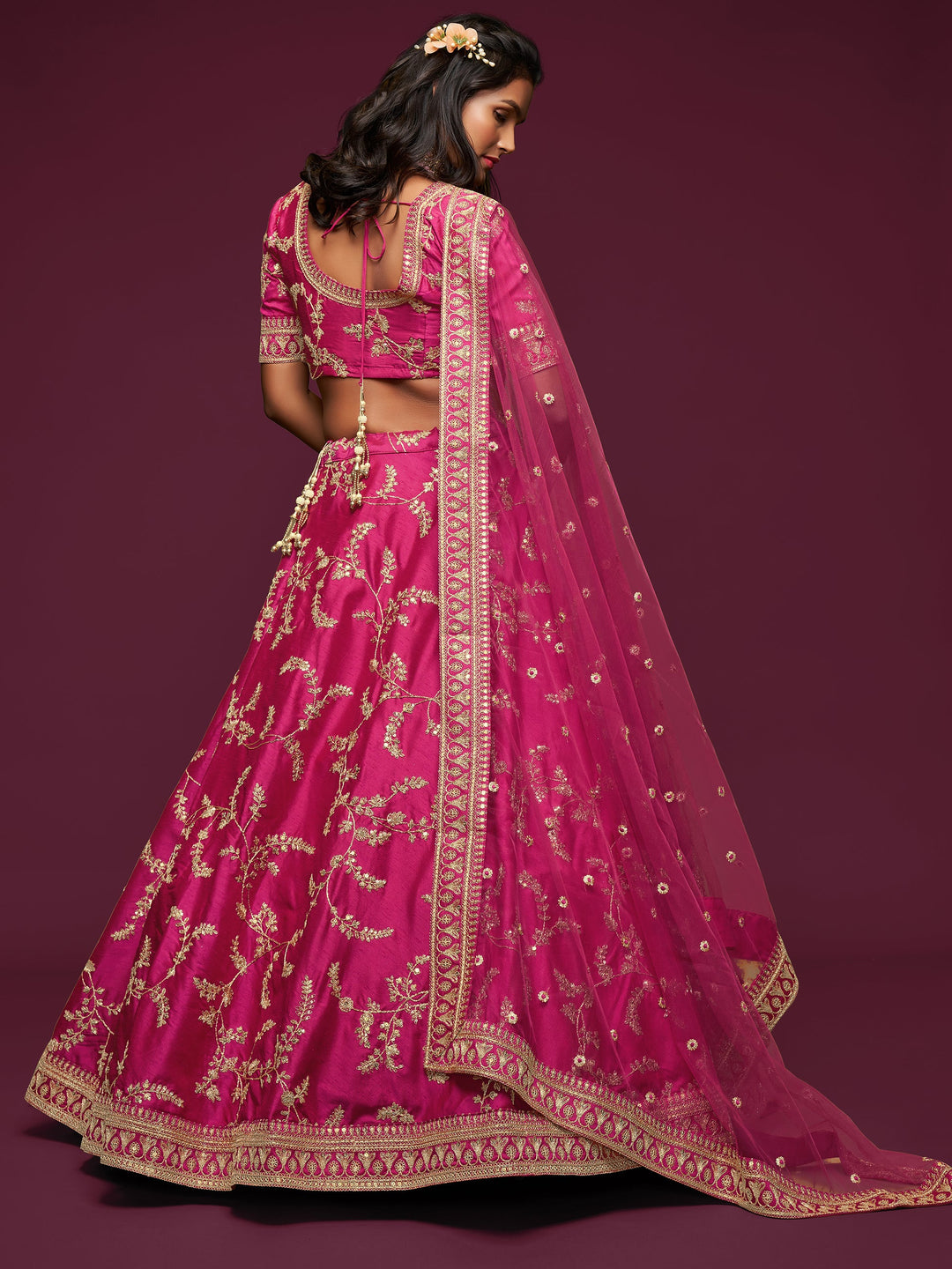 Delightful Pink Thread Embroidery Art Silk Wedding Lehenga Choli