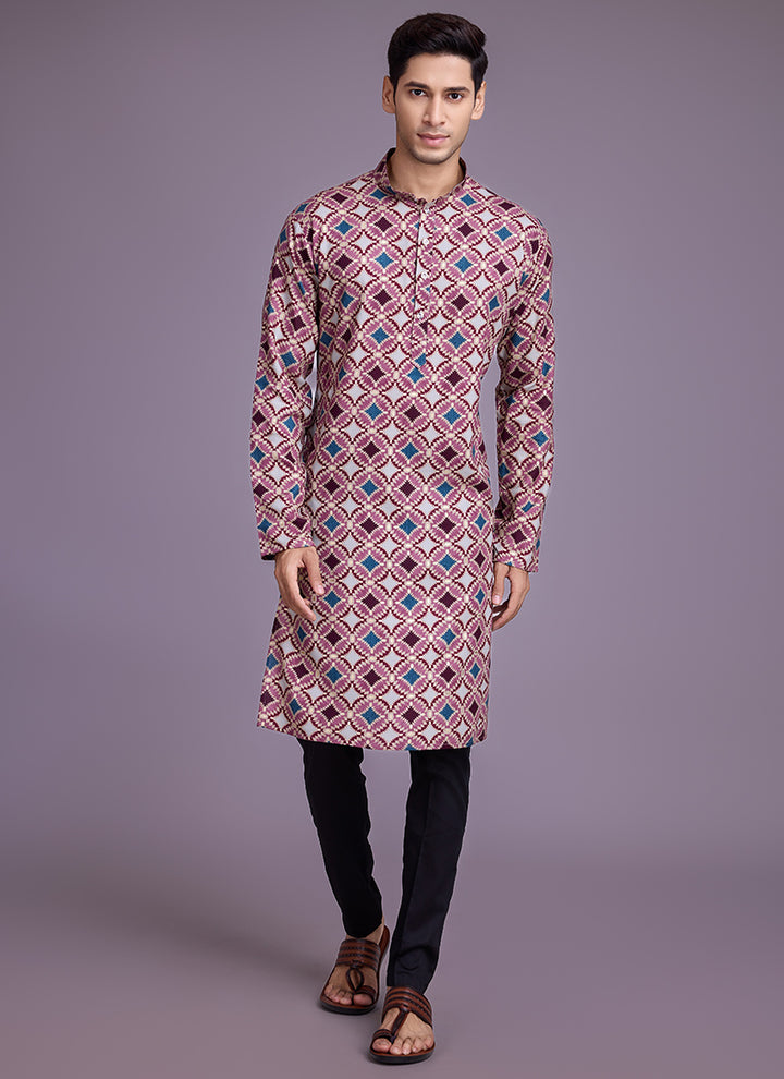 Rayon Dusty Pink Casual Wear Printed Readymade Kurta