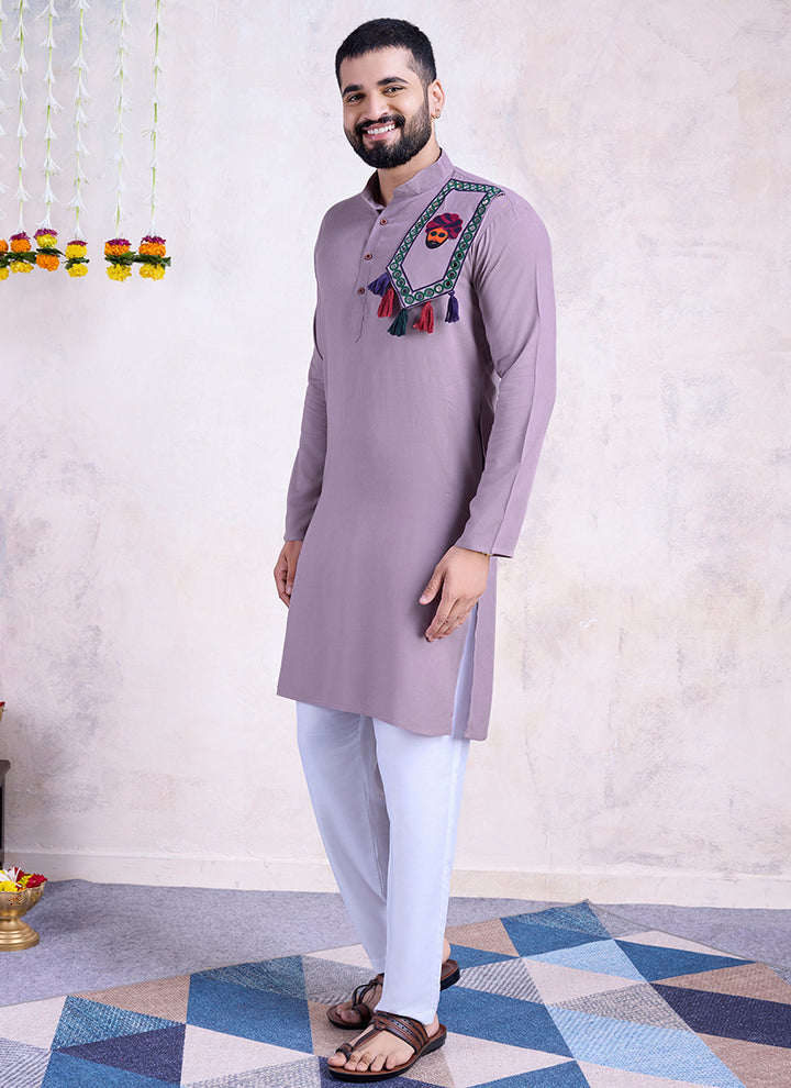 Rayon Dusty Purple Navratri Wear Embroidery Work Readymade Kurta