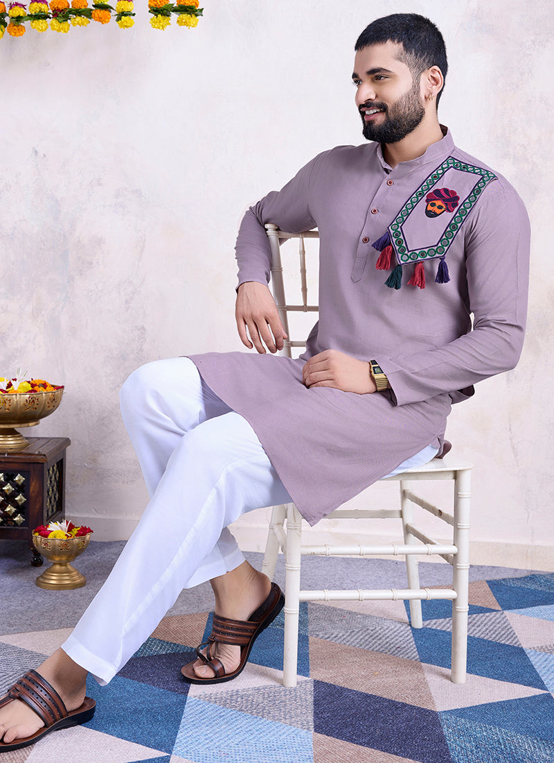 Rayon Dusty Purple Navratri Wear Embroidery Work Readymade Kurta