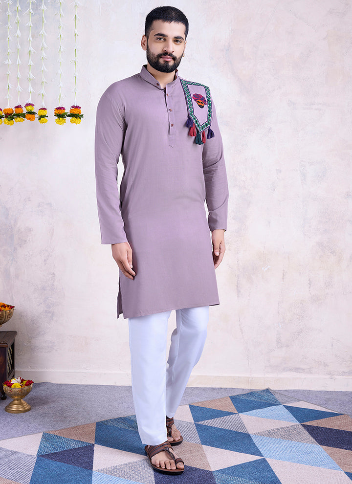 Rayon Dusty Purple Navratri Wear Embroidery Work Readymade Kurta