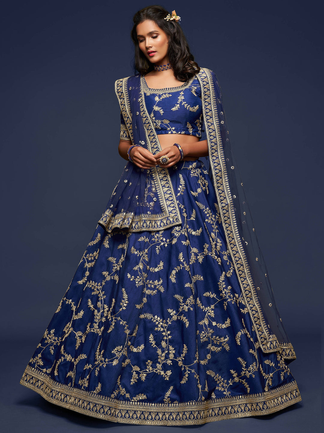 Enjoyable Blue Thread Embroidery Art Silk Wedding Lehenga Choli