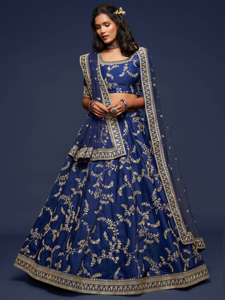 Enjoyable Blue Thread Embroidery Art Silk Wedding Lehenga Choli