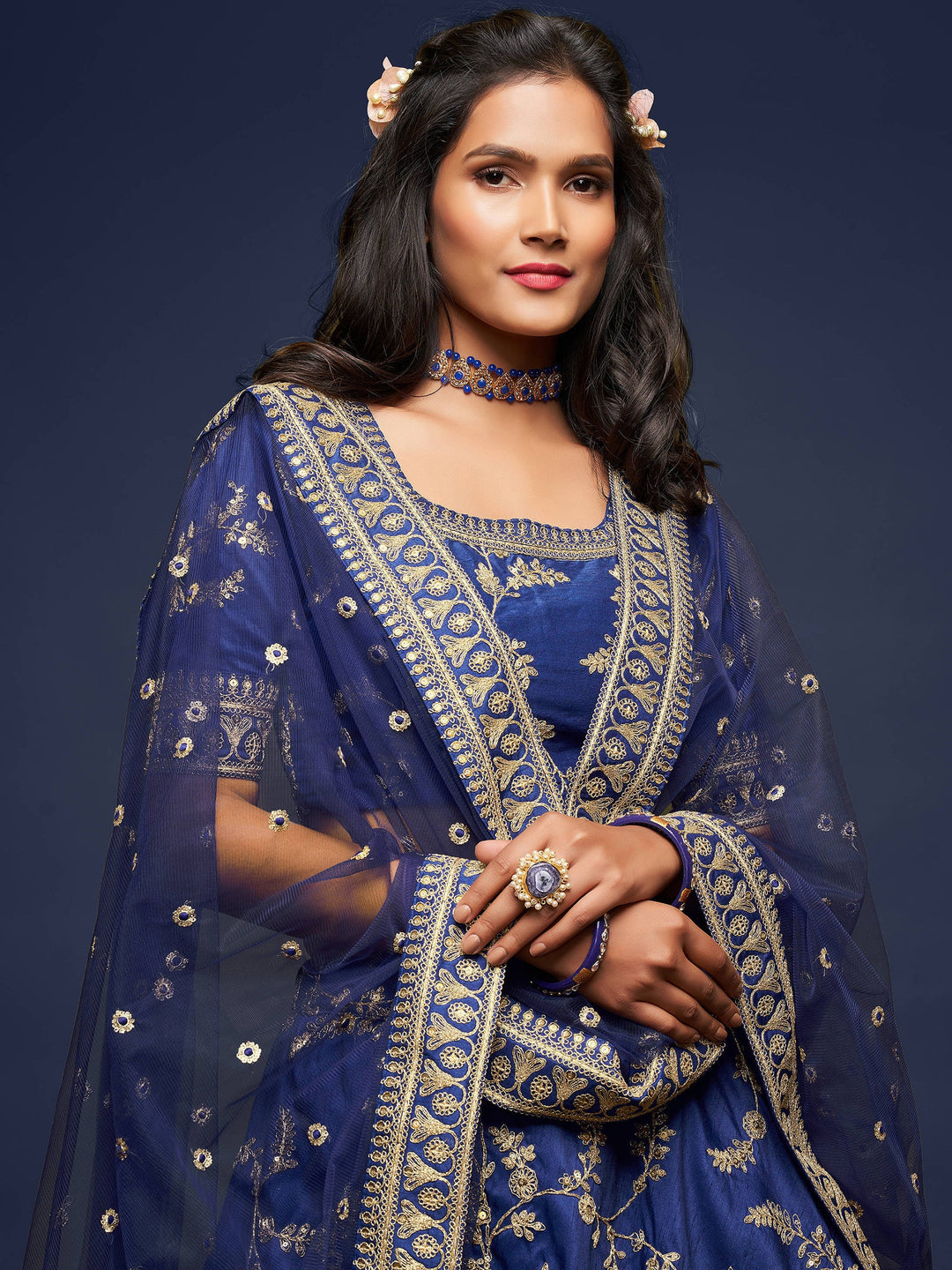 Enjoyable Blue Thread Embroidery Art Silk Wedding Lehenga Choli